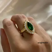 1.55CT Marquise Cut Real Emerald 14K Yellow Gold Over Wedding Halo Jewelry Ring