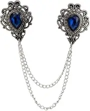 [A N KINGPiiN] AN KINGPiiN Blue Stone and Silver Engraving Chain Lapel Pin, Brooch Suit Stud, Shirt Studs Men's Accessories