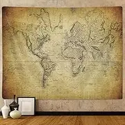 Ancient Map of the World Tapestry Wall Art Hanging,Old World Map Home Room Wall Decorations Retro Khaki Color Vintage Wall Hanging Tapestries, Geographical Distribution Wall Decor for Man Bedroom