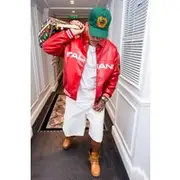Mens Red Sfera Oversized Varsity Applique PU Bomber Jacket