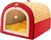 Portable Dog House New Year Dog House with Cushion Self Warming Washable Cat Nest Puppy Cave Pet House for Kitten Indoor Cats, red