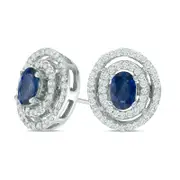 Oval Blue Sapphire and 0.75 CT. T.W. Diamond Double Frame Stud Earrings in 14K White Gold