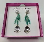 Betsey Johnson Gold Tone Upside Down Tulip Drop Earrings Crystal & Pearl Purple