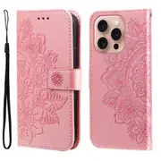 For iPhone 16 Pro Case, PU Leather Mandala Cover, Rose Gold