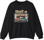 [X.Style] Raised On Old School Hip Hop Cassette Graffiti Rap Sweatshirt for Adults Crew Neck Long Sleeve Pullover Black S