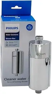Philips Water in-Line Shower Filter and 1 Replacement Cartridge, 50,000 L Filtration Capacity, Chrome, Reduces Chlorine by up to 99%, fits All Standard Hoses and taps