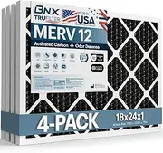 BNX TruFilter 18x24x1 MERV 12 Odor Defense (4-Pack) AC Furnace Air Filter with Activated Carbon - MADE IN USA - Pleated Air Conditioner HVAC AC Furnace Filters - Removes Odor, Mold, Bacteria, Smoke