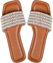 [Sksshion] Women's Pearls Decro Flat Glitter Rhinestone Sandals Open Toe Slip On Slippers
