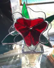 Stained Glass Red Rose in Vase one of a kind