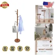 Rustic Solid Wood Coat Rack with 8 Hooks & 3 Adjustable Heights - Freestanding