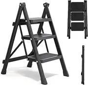 Portable 3 Step Ladder, Folding Step Stool with Wide Anti-Slip Pedal, Portable Sturdy Steel Ladder, 42 * 71 * 80Cm, Black