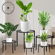 Roadwater 5 Pack Metal Plant Stand for Outdoor Indoor Plants, Heavy Duty Flower Pot Stands Multiple Plant, Rustproof Iron Round Shelf Planter, Potted Holder Garden Home (Black)