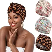[XEPST] 3 PCS Turbans for Women, Pleated Chemo Headwear Floral Print Head Scarf Turban Beanie Hat Headscarf Bonnet Head Coverings Head Wraps Cancer Headwear Women for Hair Loss Chemo Sleep Cap, Blue,