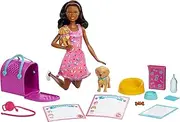 [Barbie] Pup Adoption Doll & Accessories Set with Color-Change, 2 Pets, Carrier & 10 Accessories, Brunette Doll in Pink Dress