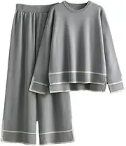 [Generic] Women's Knitting Sets O-Neck Stried Split Tops High Waist Wide Legs Pants 2PC Set Tracksuits Lounge Sets