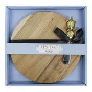2pc Acacia Wood Round 22.5cm Board Tray/Metal Turtle Spreader Knife Cutlery Set