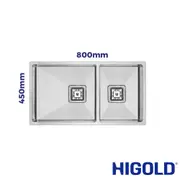 HIGOLD Vante Double Bowl Kitchen Sink - R10 Corner - SS 304 Stainless Steel - 800mm - Brushed Finish