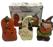 Vtg NOS Set 3 Halloween witch ghost Pumpkin Ceramic Tea Light Candle Holder