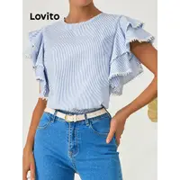 在飛比找蝦皮商城優惠-Lovito 女用優雅條紋雙層撞色膠帶襯衫 LBL09069