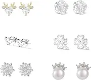 [POATOW] 925 Sterling Silver Stud Earrings Set for Women Love Pearl flower Heart Leaf 20G Cartilage Earrings Hypoallergenic Flatback Earrings Piercing Jewelry(6 Pairs)
