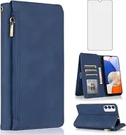 [Asuwish] Compatible with Samsung Galaxy A14 5G Wallet Case Tempered Glass Screen Protector and Zipper Leather Flip Cover Card Holder Stand Cell Accessories for M14 A 14 4G 14A 14M G5 Women Men Blue