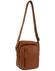 [PIERRE CARDIN] Leather Twin Zip Crossbody Bag in Cognac