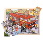 Bigjigs Toys Educational Large Fire Engine Wooden Puzzle Tray for Kids