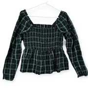 Old Navy Off Shoulder Top Womens Large Green Plaid Smocked Peplum Peasant NWT