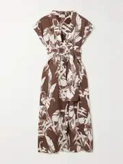 [THREE GRACES LONDON] THREE GRACES LONDON - Clarissa Floral-print Linen Wrap Midi Dress - Brown - UK 10 UK 10 Brown