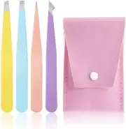 4Pcs 3.79 Inches Multi-Color Eyebrow Tweezers Stainless Steel Tweezers Kit with
