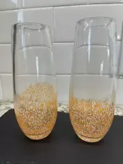 Vintage Hand Blown Glass Vases Glasses Set Of 2 Orange White Specks 6.5”