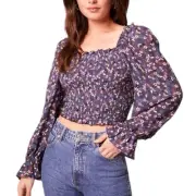 Band Of The Free Agatha Dark Floral Smocked Ballon Sleeve Peasant Top Small NEW