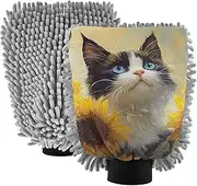 XYMZR Absorbent Microfiber Car Wash Mitt Manx Cat Sunflower, Funny Cute Anime Scratch Free for Cars Cleaning, Home Cleaning Mitts, 2 Pack, 10.24” L x 7.09” W
