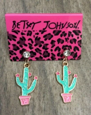 Betsey Johnson Crystal Stud Dangling Pierced Stud Earrings with Cactus Plant New