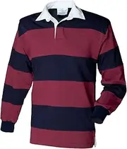 [Front Row] Sewn Stripe Long Sleeve Sports Rugby Polo Shirt (UK Size: L) (Burgundy/Navy)
