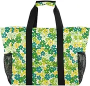 [sanluoli] Bag For Trunk Foldable Beach Bag Tote With Compartments Canvas Laundry Tote Bag, Small Flowers Green Yellow, 1 size