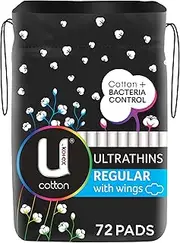 U by Kotex Cotton Ultrathin Pads Regular with Wings 72 Count (6 x 12 Pack) - Packaging May Vary