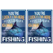 2x AFN Aluminium 40cm Tin Sign Lucky Im Here Wall Hanging Decor Fishing Signage