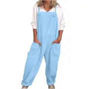 Rhafayre Women Workwear Casual Loose Jumpsuit Sportswear Cotton Linen Jumpsuit wathet 4XL