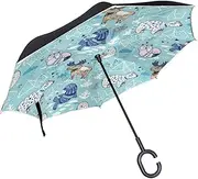 Double Layer Inverted Umbrella Cars Reverse Umbrella Owl Bear Fox Scandinavian Style Windproof UV Proof Travel Outdoor Umbrella