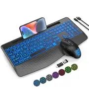 Wireless Keyboard and Mouse Backlits Wrist Rest Jiggler Mouse Rechargeable Er...