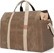 INNO STAGE Free-Standing Firewood Log Carrier Bag - 22 oz Thickened Waxed Canvas Fire Wood Holder Tote with Adjustable Cotton Shoulder Strap and Soft Handles