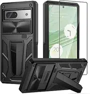 [CASESTAR] Military Armor Series Case for Google Pixel 7A，Build-in Kickstand & Camera Protection Sliding Cover with Screen Protector - (Metallic Black)