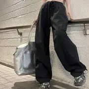 Drawstring Waist Plain Wide Leg Parachute Pants Navy Blue - XL