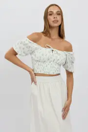 Blue Ditsy Crop Top Short Sleeve Shirred Waist - Size 16XL, Women's Crop Top