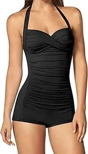 [Sovoyontee] Women's One Piece Tummy Control Swimwear Boyleg Ruched Swimsuit