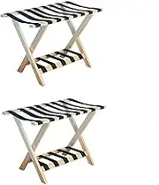 Hotel Luggage Rack- Folding Luggage Stand,Solid Wood Suitcase Holder,2 Tier Bedroom Bedside Tray Rack, Guest Room Suitcase Rack with Shoe Rack,for Home/Bedroom/Hotel, Black