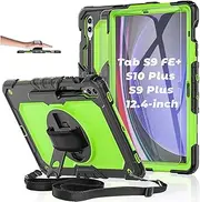[BASE MALL] Case for Samsung Galaxy Tab S10 Plus/ S9 FE Plus/ S9 Plus 5G Tablet 12.4'', Shockproof Protective Cover with [Tempered Glass Screen Protector], Stand, Shoulder Strap & S Pen Holder (Green)