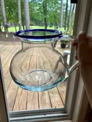 Hand Blown Glass Large 7” Pitcher with Cobalt Blue Rim