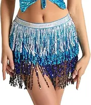 [EMOTTOS] Sequins Tassel Skirt for Women, Belly Dance Sparkly Skirt Rave Fringe Skirt Hip Scarf, Glitter Mini Wrap Skirt Belly Dancing Festival Party Latin Outfit for Women Girls (Silver/Gold/Blue)